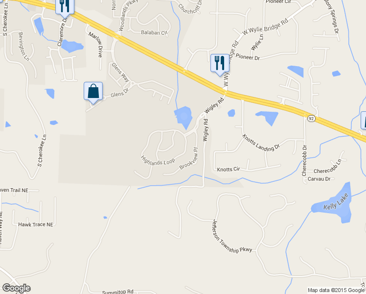 map of restaurants, bars, coffee shops, grocery stores, and more near 408 Highlands Loop in Woodstock