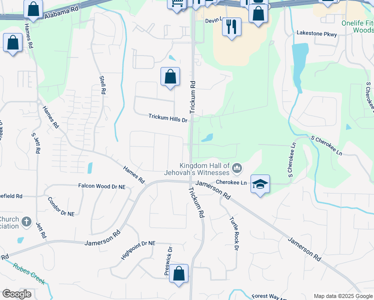 map of restaurants, bars, coffee shops, grocery stores, and more near 134 Sierra Circle in Woodstock