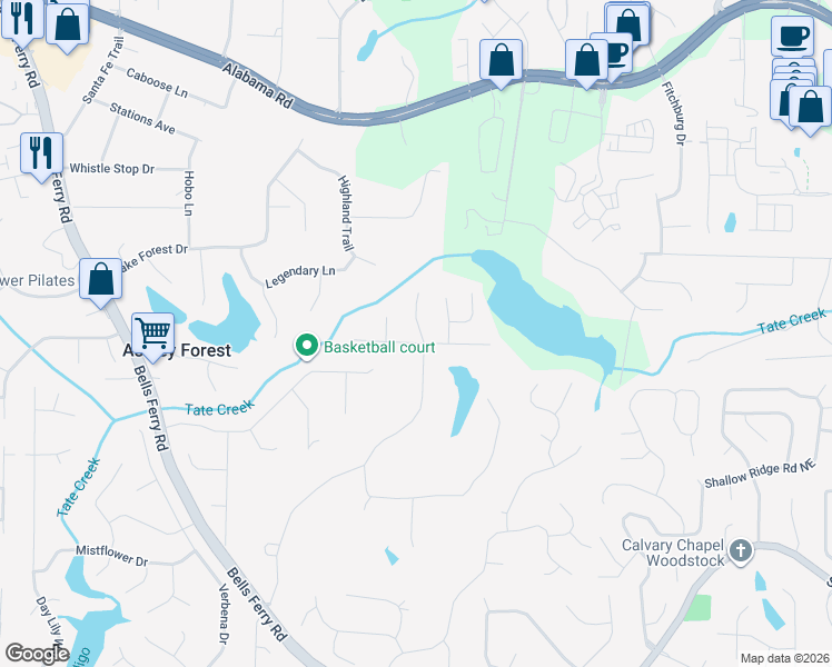 map of restaurants, bars, coffee shops, grocery stores, and more near 5027 India Lake Drive in Acworth