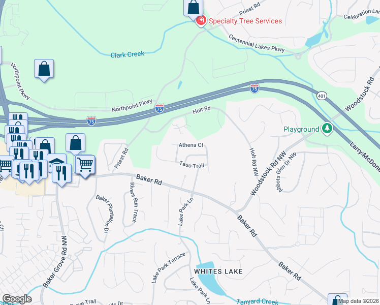 map of restaurants, bars, coffee shops, grocery stores, and more near 1110 Marina Lane in Acworth
