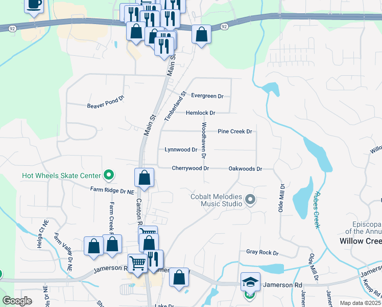 map of restaurants, bars, coffee shops, grocery stores, and more near 314 Lynnwood Drive in Woodstock