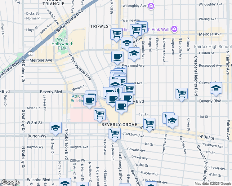 map of restaurants, bars, coffee shops, grocery stores, and more near 325 North La Cienega Boulevard in West Hollywood