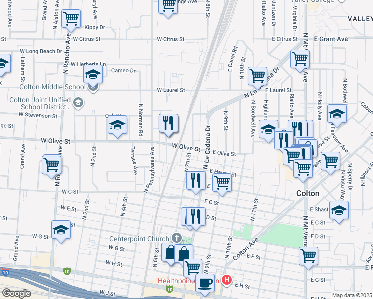 map of restaurants, bars, coffee shops, grocery stores, and more near 1091 North 7th Street in Colton