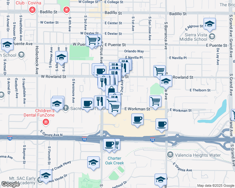 map of restaurants, bars, coffee shops, grocery stores, and more near 211 East Loma Vista Street in Covina