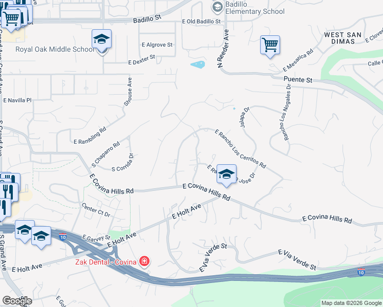 map of restaurants, bars, coffee shops, grocery stores, and more near 3331 Rancho Del Monico Road in Covina