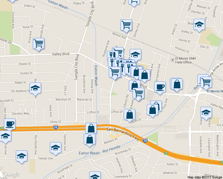 map of restaurants, bars, coffee shops, grocery stores, and more near 3814 Baldwin Avenue in El Monte