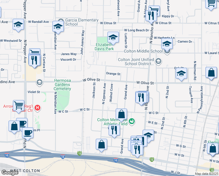 map of restaurants, bars, coffee shops, grocery stores, and more near 911 Walnut Cove in Colton