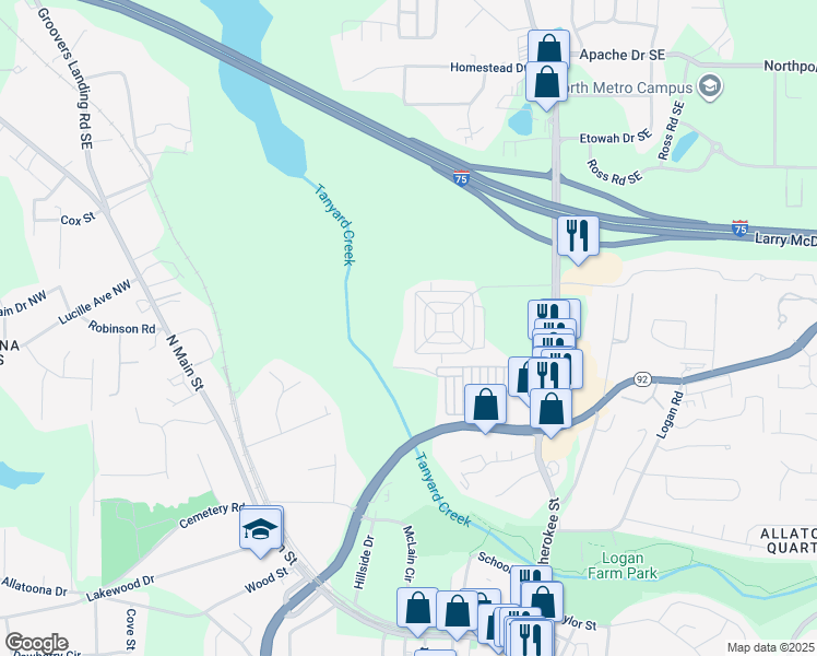 map of restaurants, bars, coffee shops, grocery stores, and more near 4646 Liberty Square Drive in Acworth