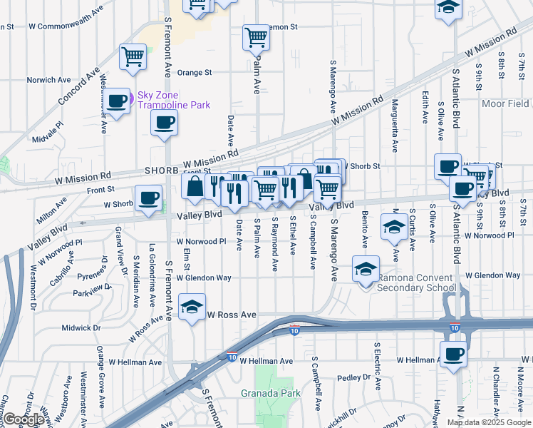 map of restaurants, bars, coffee shops, grocery stores, and more near 2020 West Valley Boulevard in Alhambra
