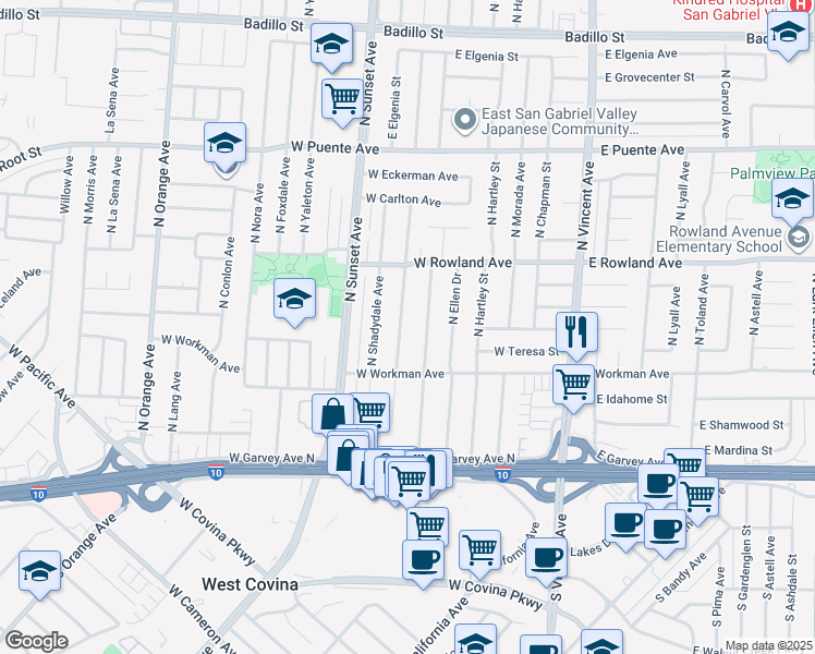 map of restaurants, bars, coffee shops, grocery stores, and more near 340 North Broadmoor Avenue in West Covina