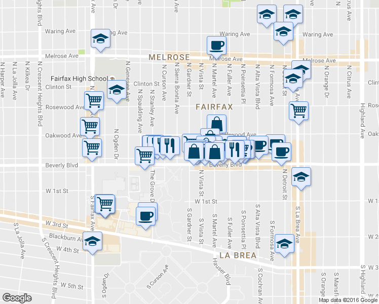 map of restaurants, bars, coffee shops, grocery stores, and more near 328 N Gardner St in Los Angeles