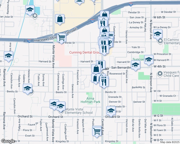 map of restaurants, bars, coffee shops, grocery stores, and more near 5205 San Bernardino Street in Montclair