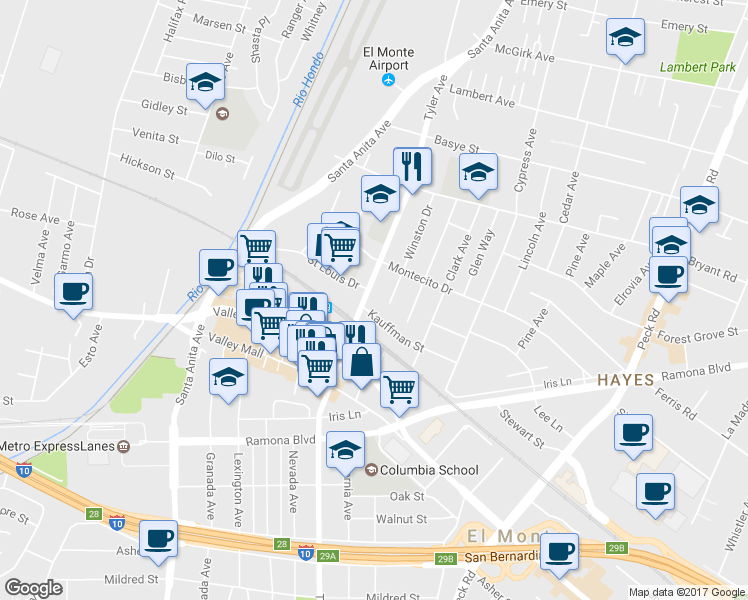 map of restaurants, bars, coffee shops, grocery stores, and more near 3710 Tyler Avenue in El Monte