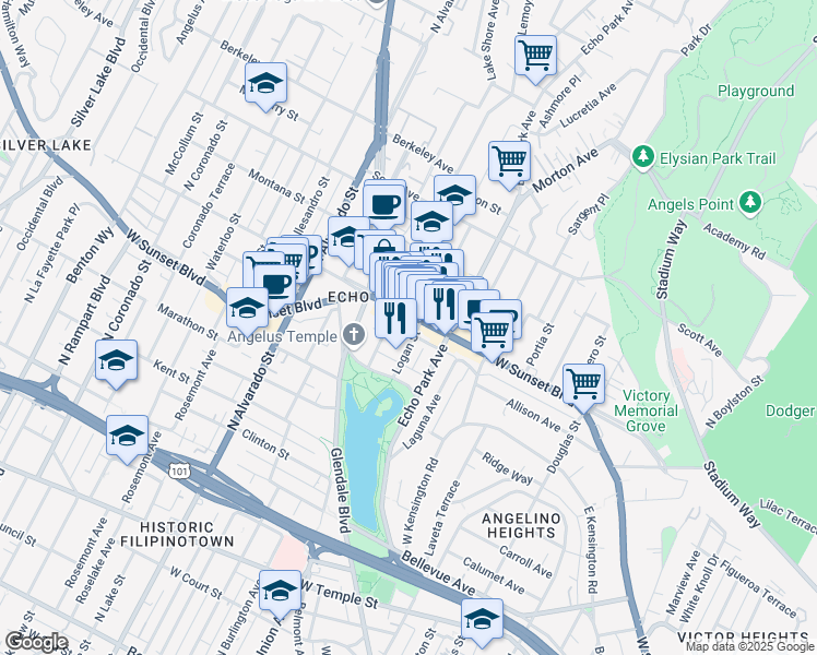 map of restaurants, bars, coffee shops, grocery stores, and more near 1156 Logan Street in Los Angeles