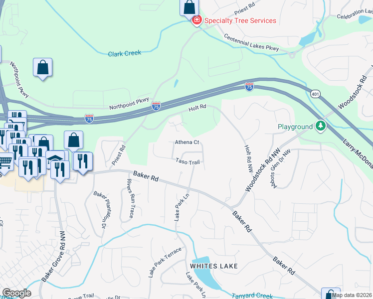 map of restaurants, bars, coffee shops, grocery stores, and more near 1110 Marina Lane in Acworth