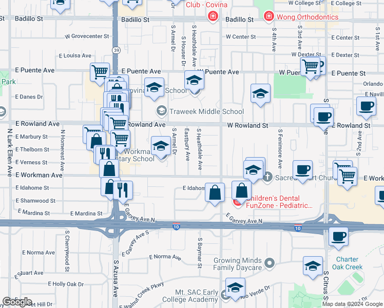 map of restaurants, bars, coffee shops, grocery stores, and more near 710 Eastbury Avenue in Covina