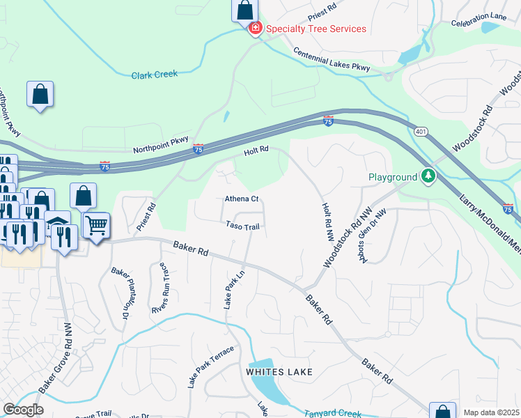 map of restaurants, bars, coffee shops, grocery stores, and more near 1118 Marina Lane in Acworth