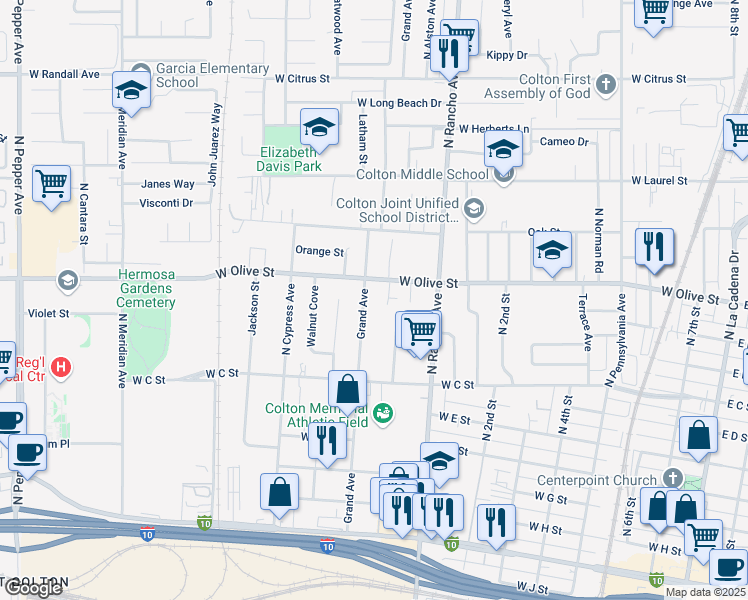 map of restaurants, bars, coffee shops, grocery stores, and more near 1050 Grand Avenue in Colton