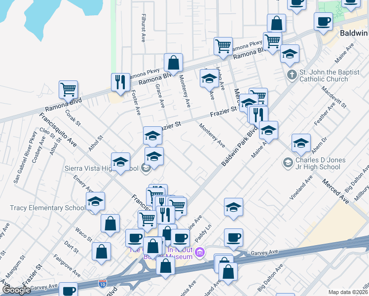 map of restaurants, bars, coffee shops, grocery stores, and more near 3445 Rall Avenue in Baldwin Park