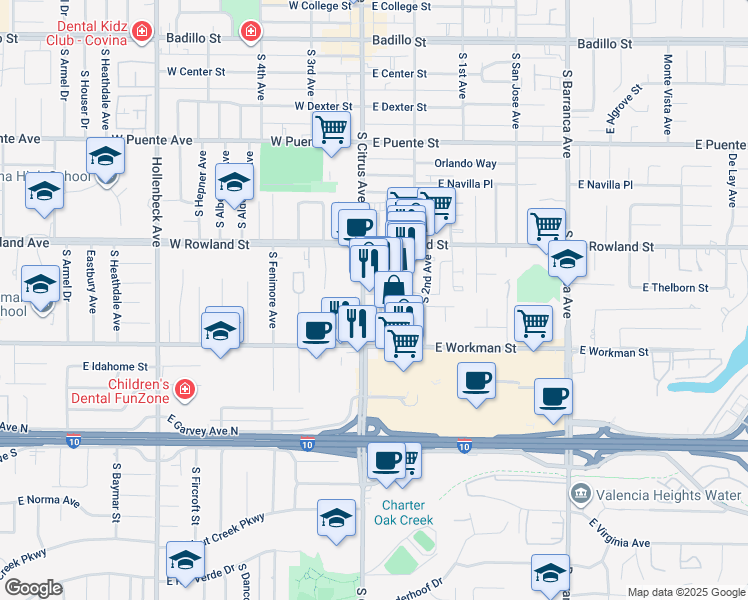 map of restaurants, bars, coffee shops, grocery stores, and more near 105 East Loma Vista Street in Covina