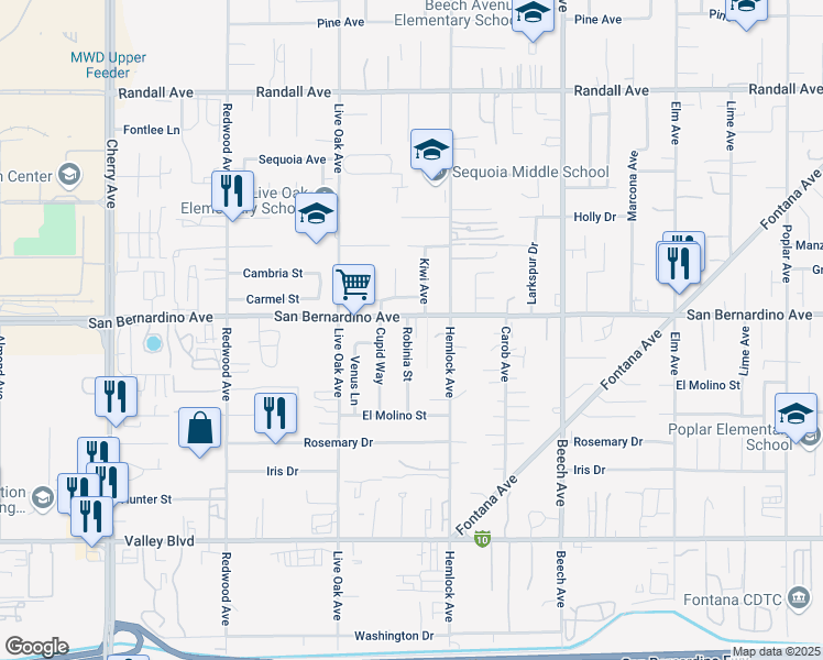 map of restaurants, bars, coffee shops, grocery stores, and more near 15031 San Bernardino Avenue in Fontana