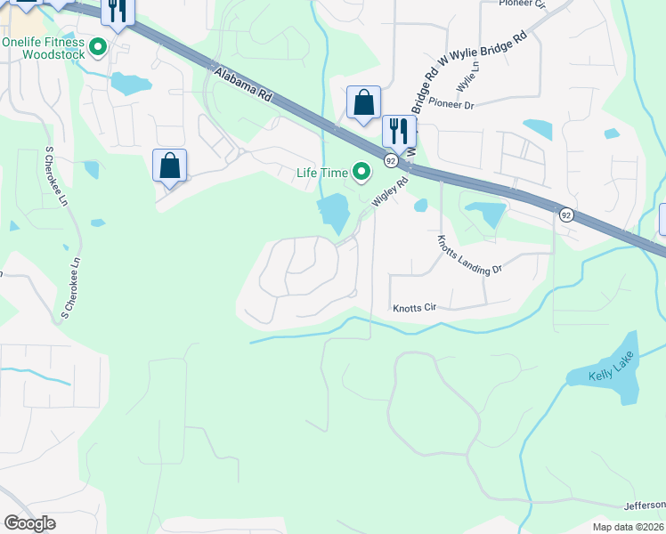 map of restaurants, bars, coffee shops, grocery stores, and more near 408 Highlands Loop in Woodstock