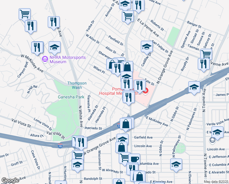 map of restaurants, bars, coffee shops, grocery stores, and more near 250 West Artesia Street in Pomona