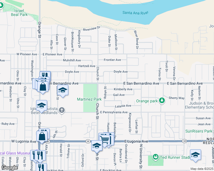map of restaurants, bars, coffee shops, grocery stores, and more near 850 East San Bernardino Avenue in Redlands