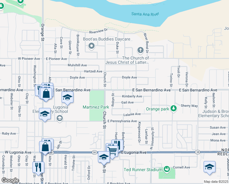 map of restaurants, bars, coffee shops, grocery stores, and more near 850 East San Bernardino Avenue in Redlands