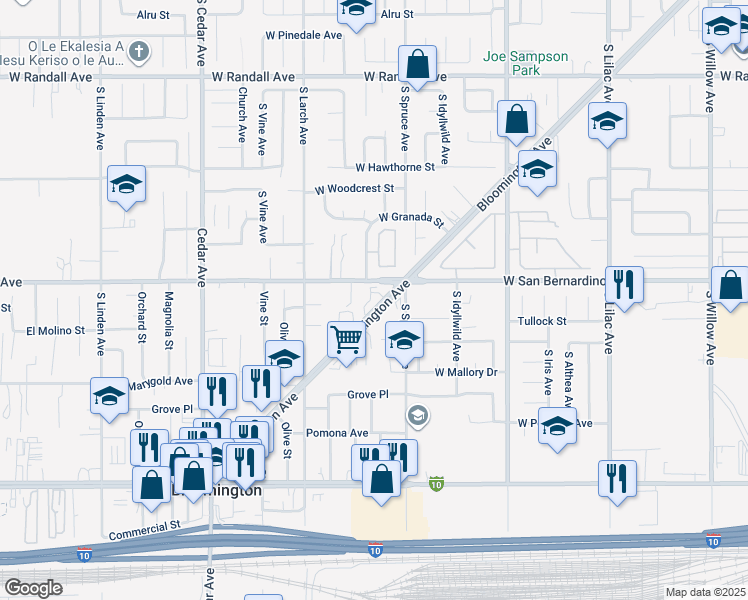 map of restaurants, bars, coffee shops, grocery stores, and more near 940 Bloomington Avenue in Rialto