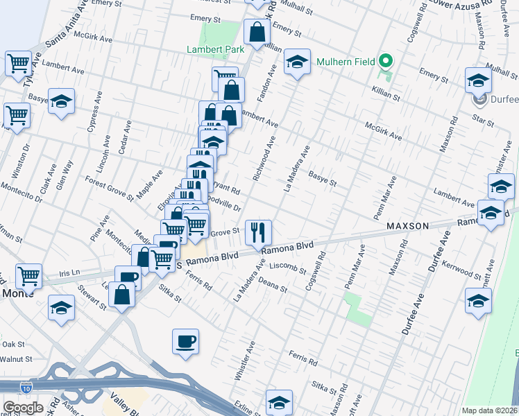 map of restaurants, bars, coffee shops, grocery stores, and more near 11722 Bryant Road in El Monte