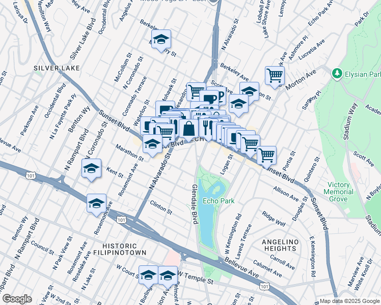 map of restaurants, bars, coffee shops, grocery stores, and more near 1044 North Bonnie Brae Street in Los Angeles