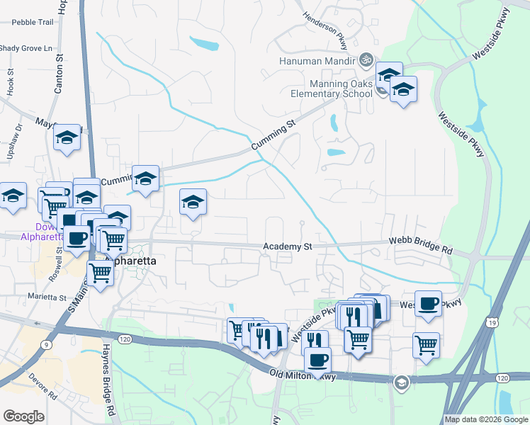 map of restaurants, bars, coffee shops, grocery stores, and more near 5103 Village Green Way in Alpharetta