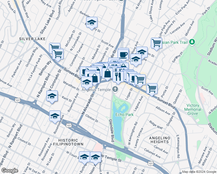 map of restaurants, bars, coffee shops, grocery stores, and more near 1044 North Bonnie Brae Street in Los Angeles