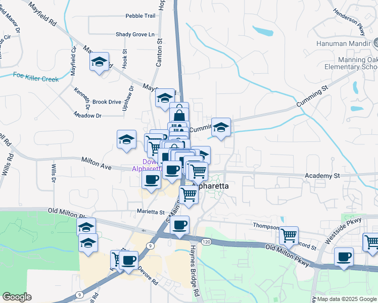 map of restaurants, bars, coffee shops, grocery stores, and more near 59 North Main Street in Alpharetta