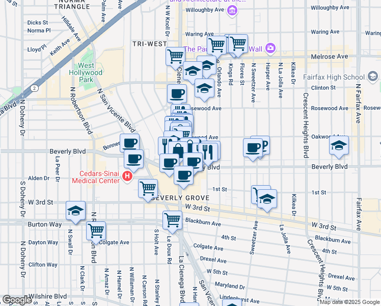 map of restaurants, bars, coffee shops, grocery stores, and more near 333 North Alfred Street in Los Angeles