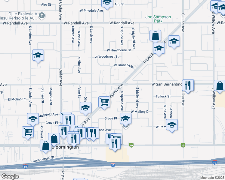 map of restaurants, bars, coffee shops, grocery stores, and more near 940 Bloomington Avenue in Rialto