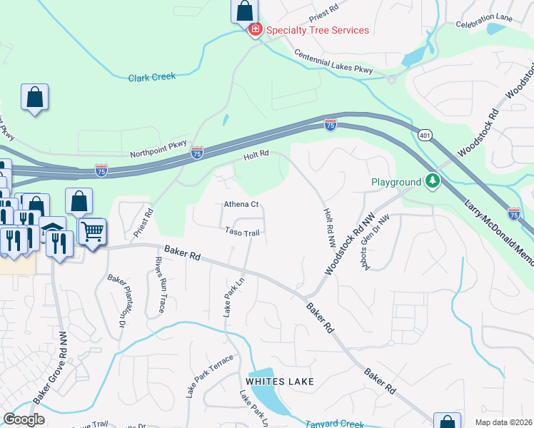 map of restaurants, bars, coffee shops, grocery stores, and more near 1118 Marina Lane in Acworth