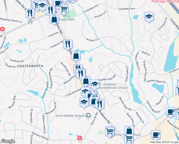 map of restaurants, bars, coffee shops, grocery stores, and more near 7036 Saint Andrews Road in Columbia