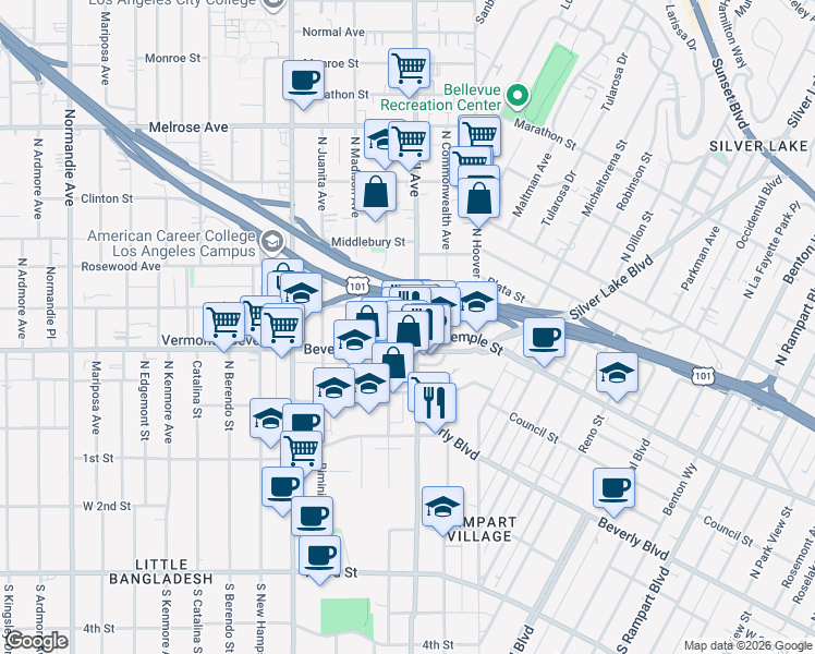 map of restaurants, bars, coffee shops, grocery stores, and more near 323 North Virgil Avenue in Los Angeles
