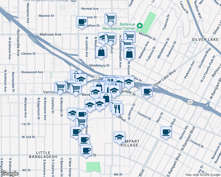map of restaurants, bars, coffee shops, grocery stores, and more near 323 North Virgil Avenue in Los Angeles