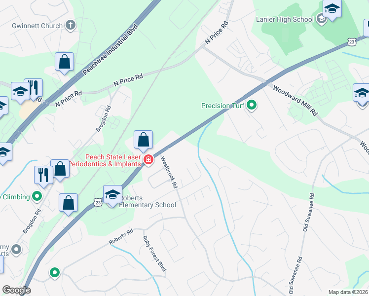 map of restaurants, bars, coffee shops, grocery stores, and more near 455 Buford Highway Northeast in Suwanee