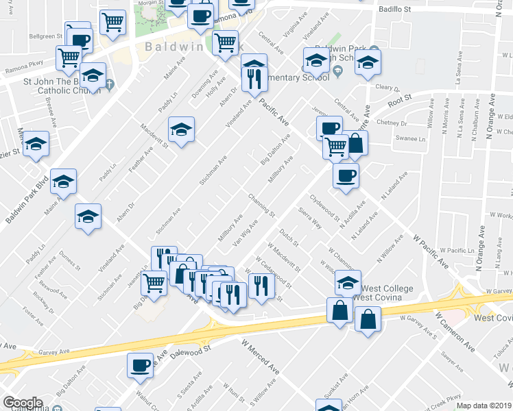 map of restaurants, bars, coffee shops, grocery stores, and more near 14644 Channing Street in Baldwin Park