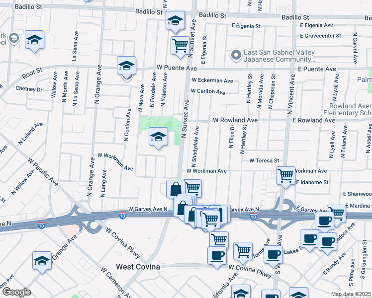 map of restaurants, bars, coffee shops, grocery stores, and more near 335 North Shadydale Avenue in West Covina