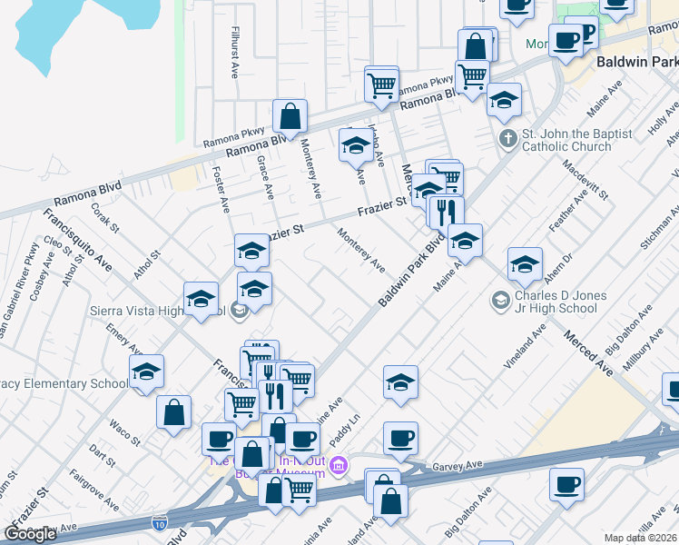 map of restaurants, bars, coffee shops, grocery stores, and more near 13603 Rexwood Avenue in Baldwin Park