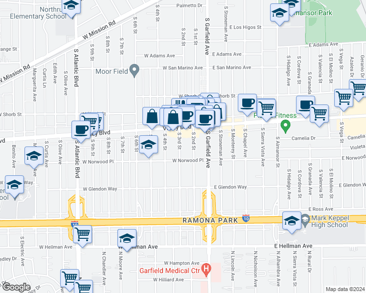map of restaurants, bars, coffee shops, grocery stores, and more near 1500 South 3rd Street in Alhambra