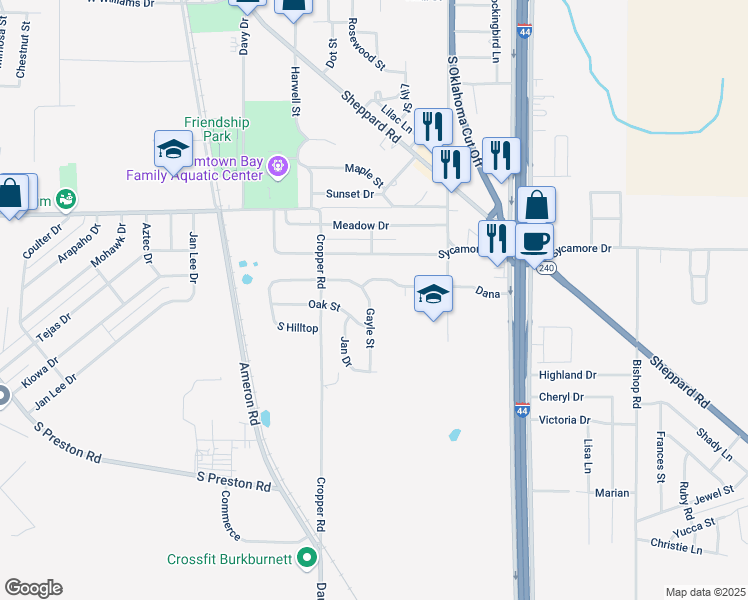 map of restaurants, bars, coffee shops, grocery stores, and more near 705 Gayle Street in Burkburnett