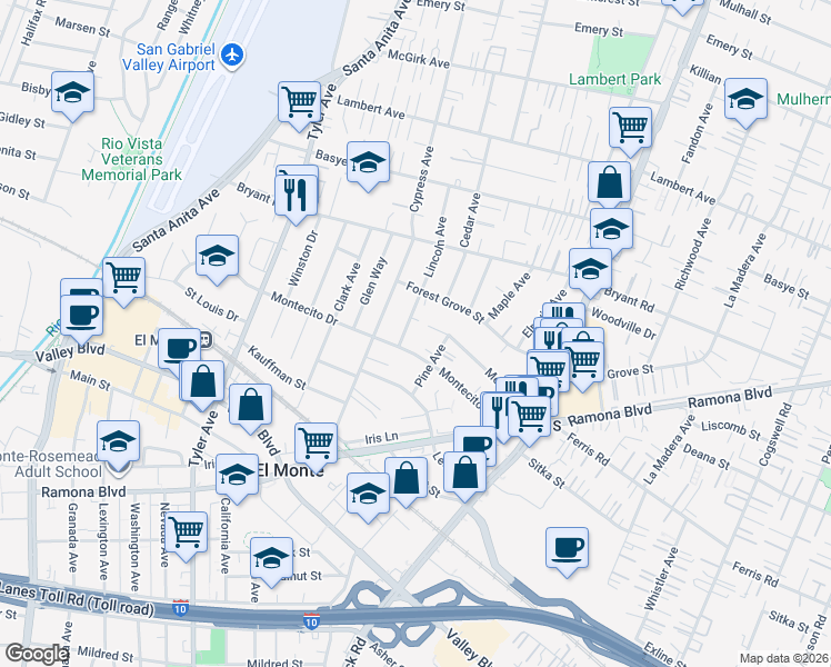 map of restaurants, bars, coffee shops, grocery stores, and more near 3816 Lincoln Avenue in El Monte