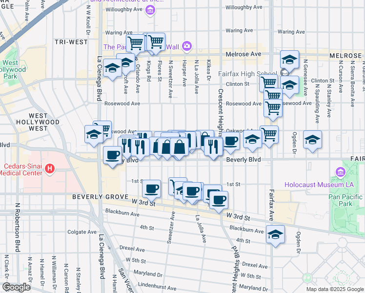 map of restaurants, bars, coffee shops, grocery stores, and more near 331 North Harper Avenue in Los Angeles