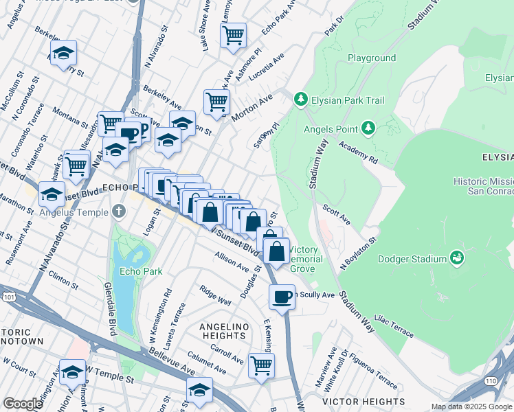 map of restaurants, bars, coffee shops, grocery stores, and more near 1411 Sutherland Street in Los Angeles